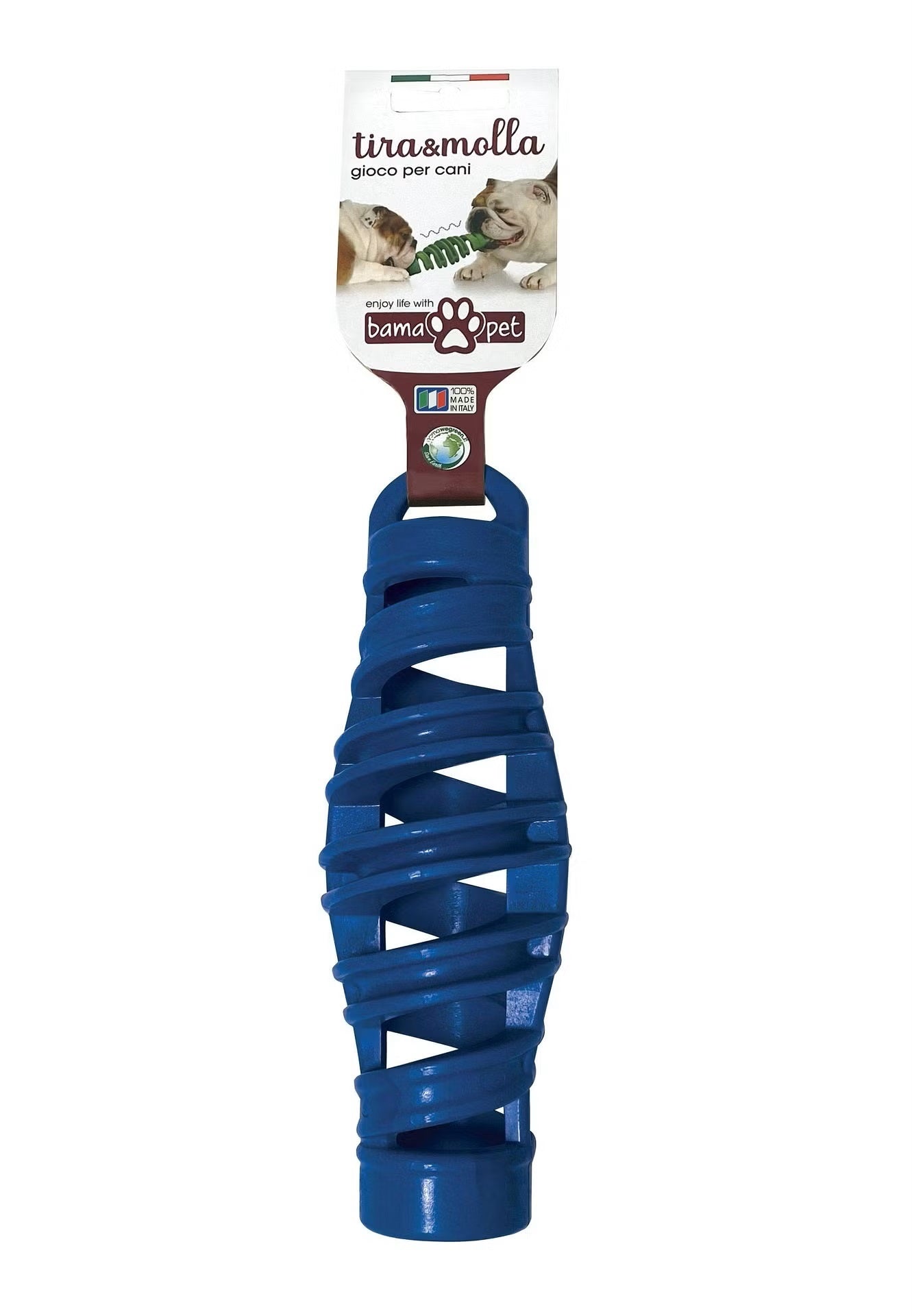Eco Treats Puzzle Treat Stick – recyclable floating dog toy in blue, 25 cm × 8 cm, designed for tug‑of‑war and treat dispensing, made from Number 5 recyclable plastic.