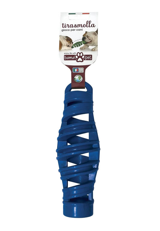 Eco Treats Puzzle Treat Stick – recyclable floating dog toy in blue, 25 cm × 8 cm, designed for tug‑of‑war and treat dispensing, made from Number 5 recyclable plastic.